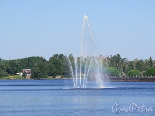 Наб. 40 лет Комсомола наб. (Выборг). Вид с набережной на плавающий фонтан, открыт в 2006, разработчик компания «Аквадрил». фото июнь 2016 г.