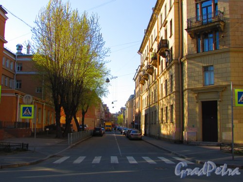 Перспектива  Малой Разночинной улицы от Малого проспекта в сторону Чкаловского проспекта. Фото 1 мая 2016 года.