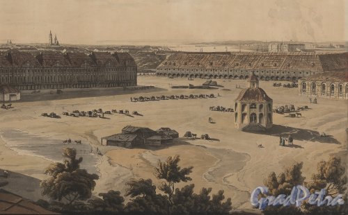 Менделеевская линия, дом 3. Вид участка в начале XIX века. Фрагмент «Panoramic view of St. Petersburg, dedicated by permission to his Imperial Majesty Alexander 1st. by his much obliged humble servant J.A. Atkinson». 1805-1807 годы.