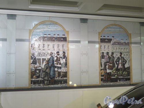 Станция метро «Спасская». Мозаичное панно на боковой эскалаторной стене. Фото Сентябрь 2014 года.