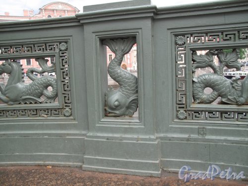 Аничков мост. Фрагмент решетки с фантастическими дельфинами. Фото июнь 2014 г