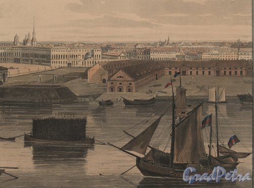 Адмиралтейская наб., дом 2. Фрагмент «Panoramic view of St. Petersburg, dedicated by permission to his Imperial Majesty Alexander 1st. by his much obliged humble servant J.A. Atkinson». 1805-1807 годы.