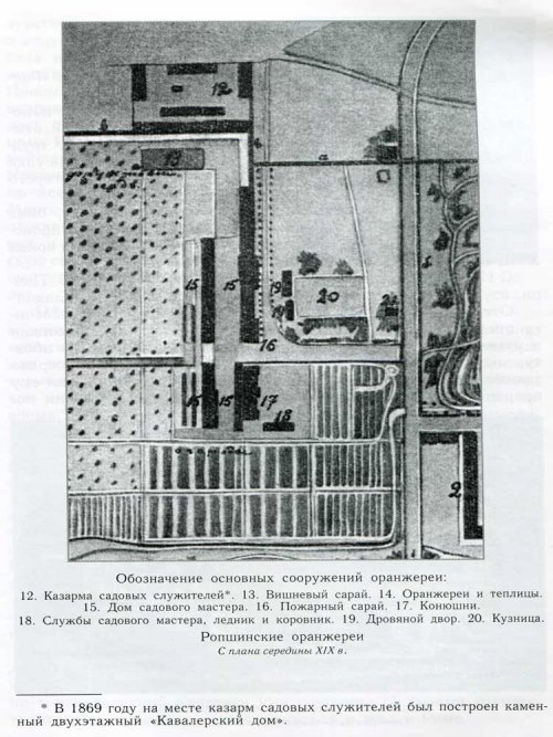 Схема основных построек оранжереи Ропшинского дворца составленная архитектором Ганом в 1853 году.