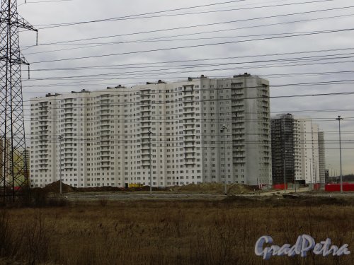Жилой комплекс «Новая Охта». Строительство дома №17 на углу проспекта Маршака и улицы Корнея Чуковского. Фото 22 апреля 2015 года.