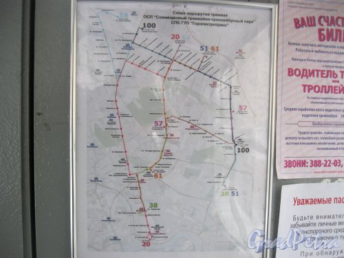 Выборгский р-н. Карта трамвайных маршрутов 20, 38, 51, 57, 58, 61, 100. Фото 27 февраля 2016 г.