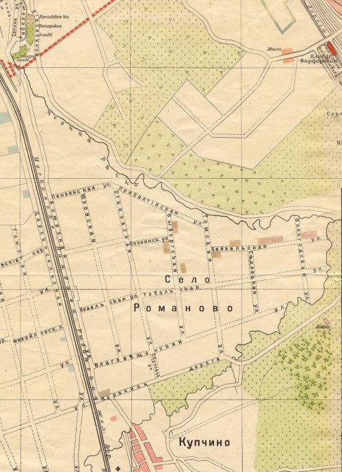 Район современной территории исторического района Купчино (село Романово и Купчино) на карте 1913 годаю