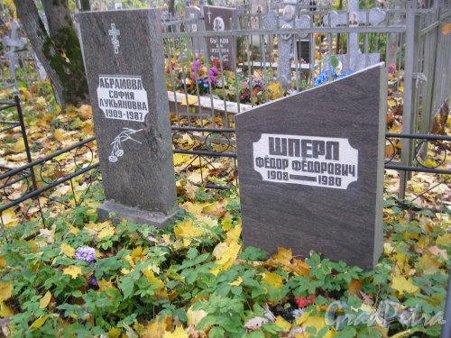 Пос. Стрельна, Стрельнинское кладбище. Захоронение Ф.Ф. Шперл и С.Л. Абрамовой. Фото 16 октября 2014 г.