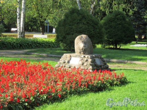 Вид памятника павшим финским воинам открытого в 1993 году с клумбой у д. 13 по пр. Ленина (Зеленогорск). фото сентябрь 2018 г.