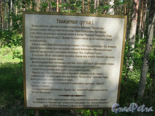 Исторический парк «Марьина гора» около пос. Молодёжное между Приморским и Средневыборгским шоссе. Информационный щит. Фото 4 июня 2014 г.