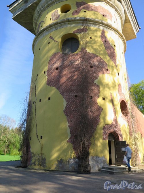 Екатерининский парк (Пушкин). Башня-руина с искусственной горкой. Общий вид Башни. фото май 2018 г.