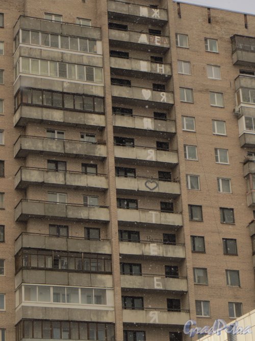 Ленинский проспект, дом 121, литера А. Надпись на балконах «Женя, я тебя люблю». Фото 17 марта 2014 года.