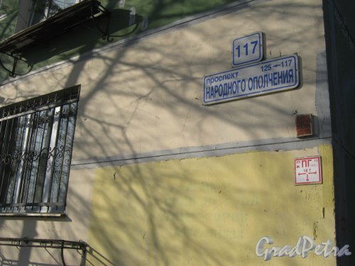 Пр. Народного Ополчения, дом 117. Табличка с номером здания. Фото 26 февраля 2014 г.