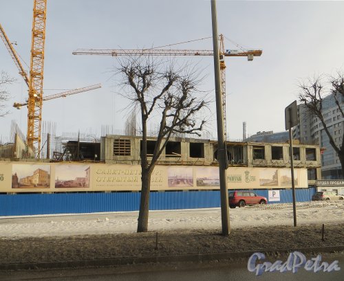 Вид со Свердловской набережной на строительствожК «Дом на излучине Невы». Фото 11 февраля 2015 года.