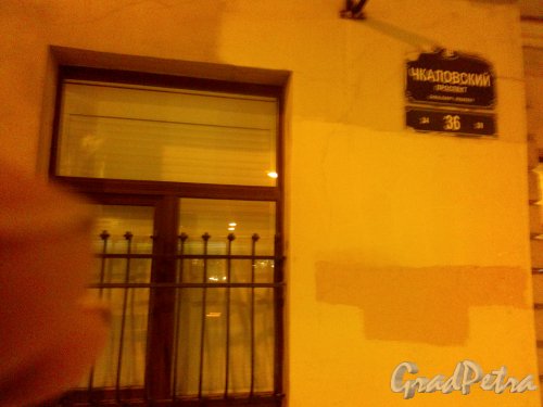 Чкаловский проспект, дом 36. Окно с решеткой и табличка с номером дома. Фото 27.12.2018 года.