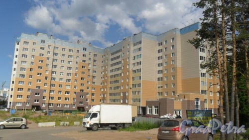 Кальтино. Колтушское шоссе, дом 19, корпус 1. 10-этажный кирпично-монолитный дом 2013 года постройки. Фото 30 июня 2015 года.