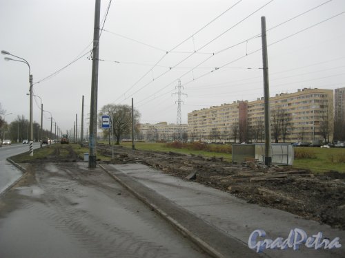 Петергофское шоссе в районе дома 3. Замена трамвайных рельсов. Вид в сторону ул. Доблести. Фото 17 ноября 2015 г.