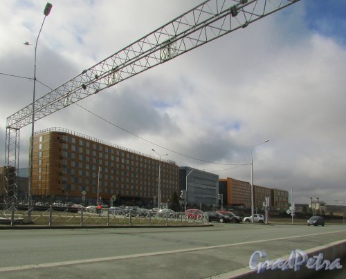 Петербургское шоссе (Шушары), дома 62-66. комплекс построек выставочного комплекса «ЭкспоФорум». Гостиница «Hampton by Hilton». Фото 2 апреля 2016 года.
