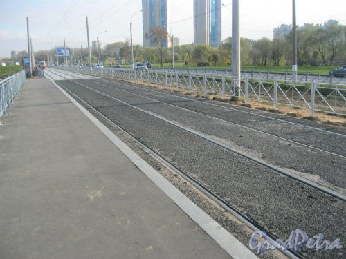 Петергофское шоссе в районе дома 3. Вид на заменённые трамвайные пути. Фото 20 октября 2016 г.
