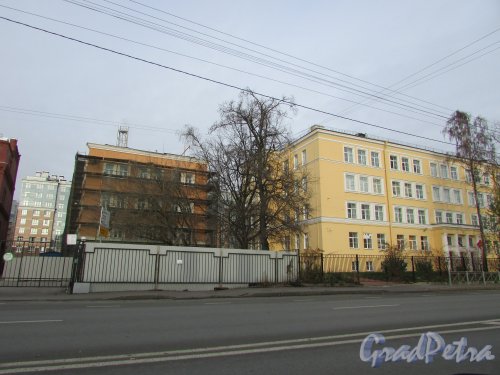 Новоладожская улица, дом 6, литера А (в лесах) и Новоладожская улица, дом 8, литера А (справа) - здание школы. Фото 2 ноября 2019 года.
