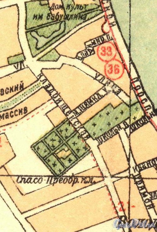 Кладбище Спасо-Преображенское на карте Ленинграда 1940 года.