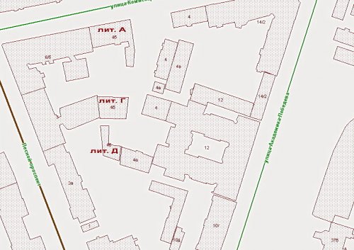Расположение зданий на участке по адресу улица Комиссара Смирнова, дом 4Б.