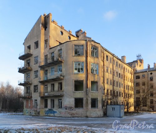 Коммунистическая улица, дом 5, литера А. Корпус со стороны Петровского дока. Фото 5 января 2015 года.