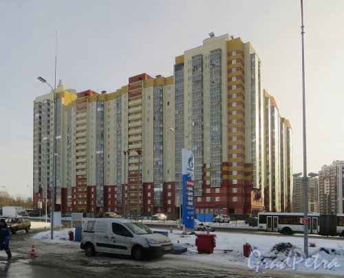 Долгоозерная улица, комплекс домов 37-39-41. Вид со стороны бензоколонки «Газпром». Фото 11 февраля 2015 года.