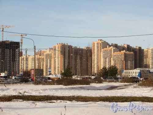 Вид на новостройки Парашютной улицы со стороны Ново-Никитинской улицы и новый участок Автобусной улицы. Фото 11 февраля 2015 года.