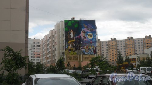 Шушары, Пушкинская улица, дом 44. 7-этажный жилой дом серии 600.11. Граффити на северном фасаде здания. Фото 10 июня 2016 года.