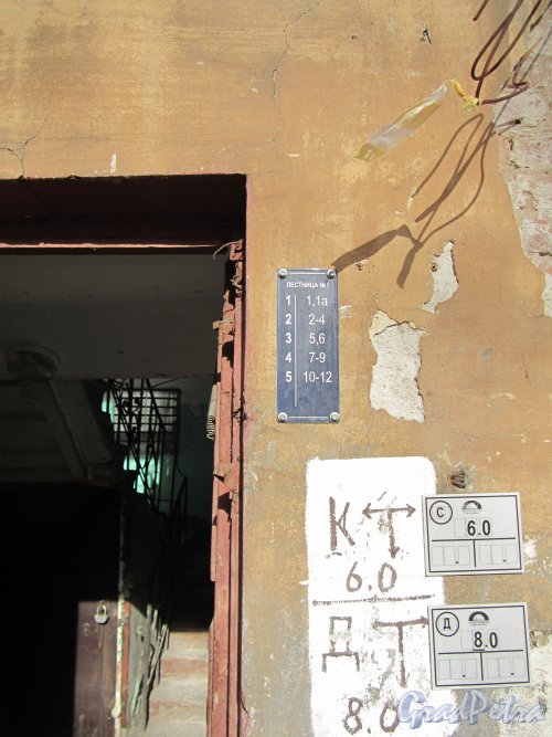 Железноводская улица, дом 10. Табличка с номерами квартир на лестнице №1. Фото 30 апреля 2012 года.