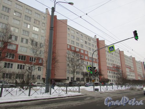 Будапештская улица, дом 14, корпус 1, литера А. Общий вид лицевого фасада жилого дома и пешеходный переход перед домом. Фото 15 февраля 2018 года.